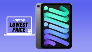 Space gray iPad mini 7 against blue gradient background.