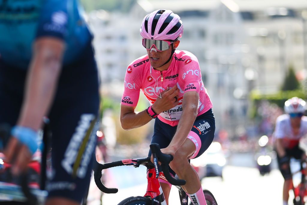 POTENZA ITALY MAY 13 Juan Pedro Lpez of Spain and Team Trek Segafredo pink leader jersey reacts after cross the finishing line during the 105th Giro dItalia 2022 Stage 7 a 196km stage from Diamante to Potenza 717m Giro WorldTour on May 13 2022 in Potenza Italy Photo by Tim de WaeleGetty Images