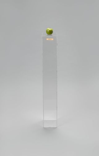 A green apple placed on a stand