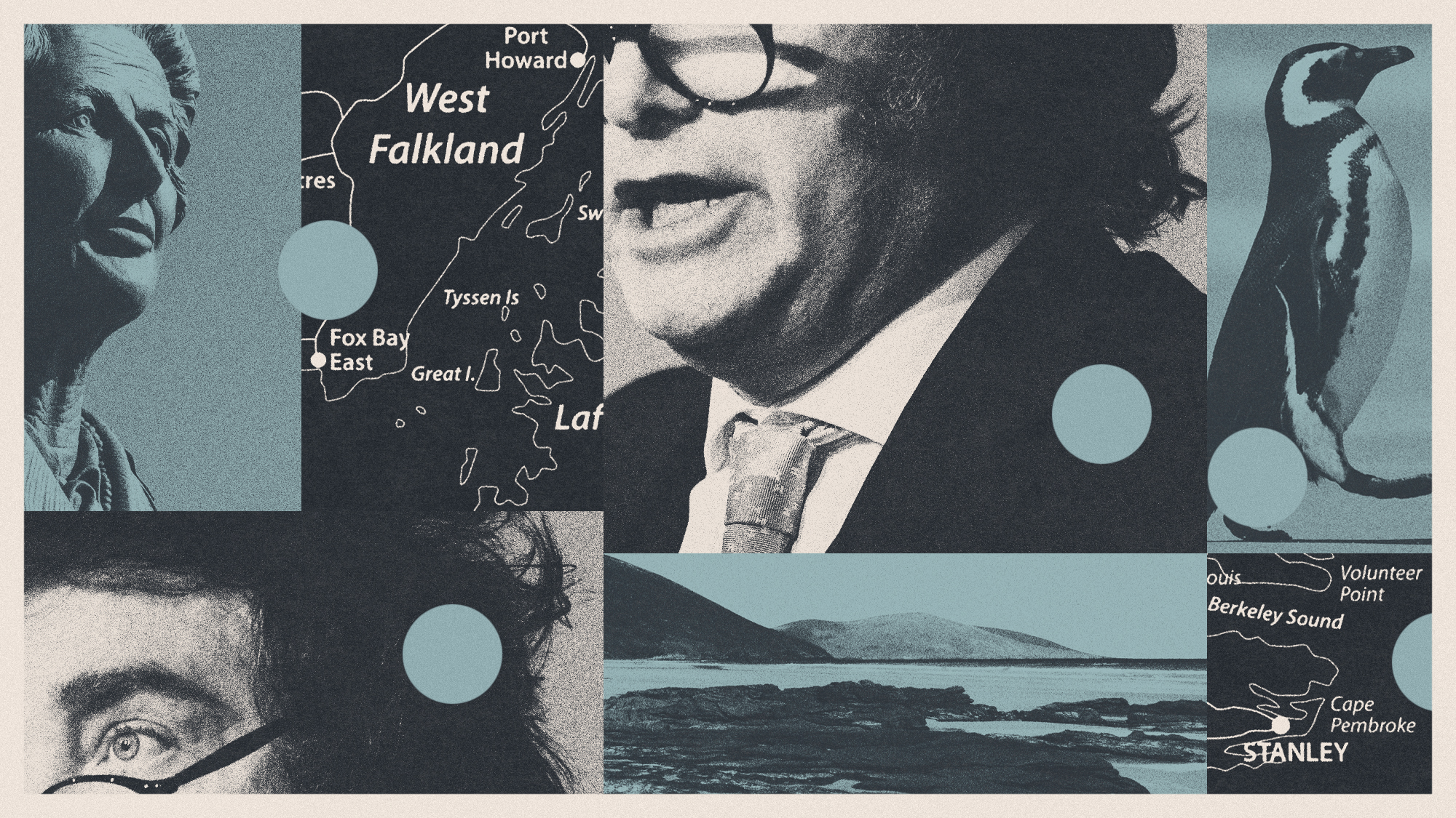 Photo collage illustration of Javier Milei, a bust of Margaret Thatcher, map of the Falkland Islands and a Magellanic penguin