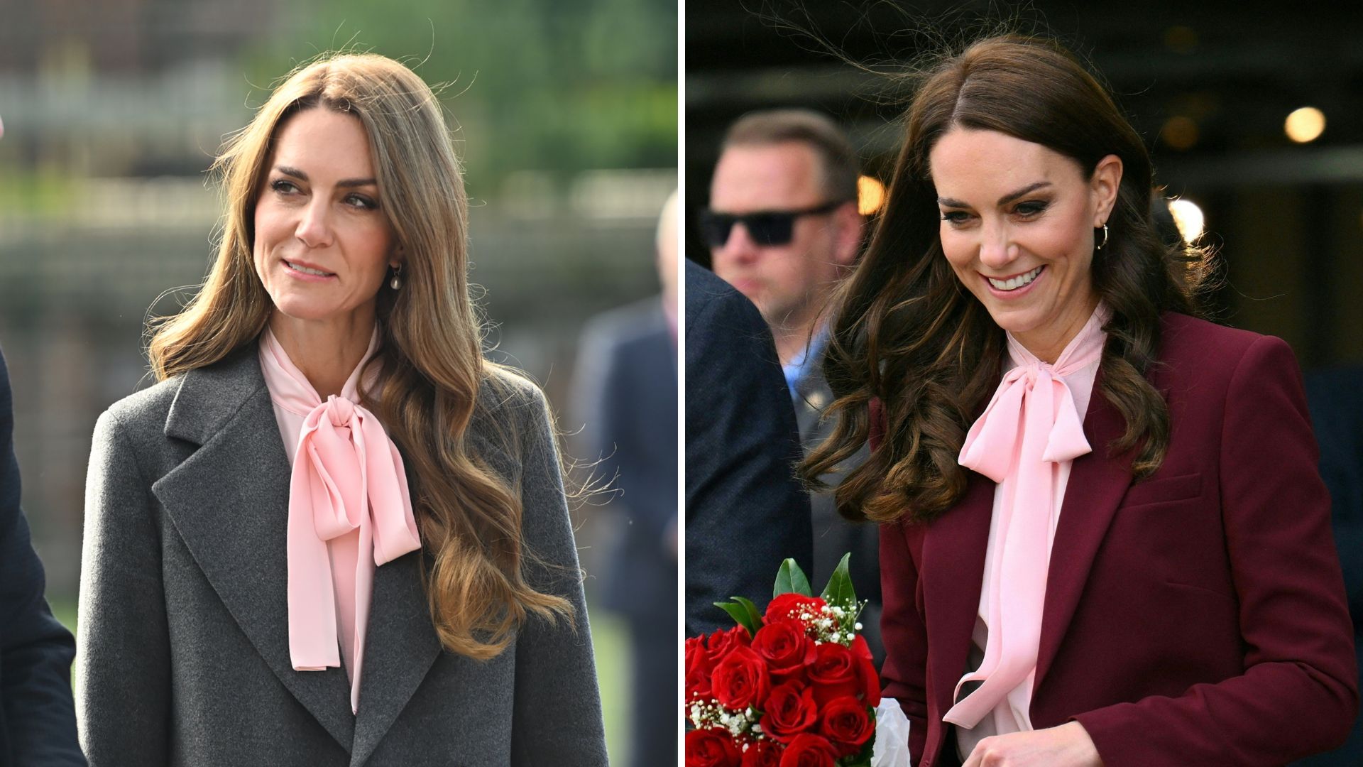 A composite of two pictures of the Princess of Wales wearing a pink pussybow blouse on two different occasions