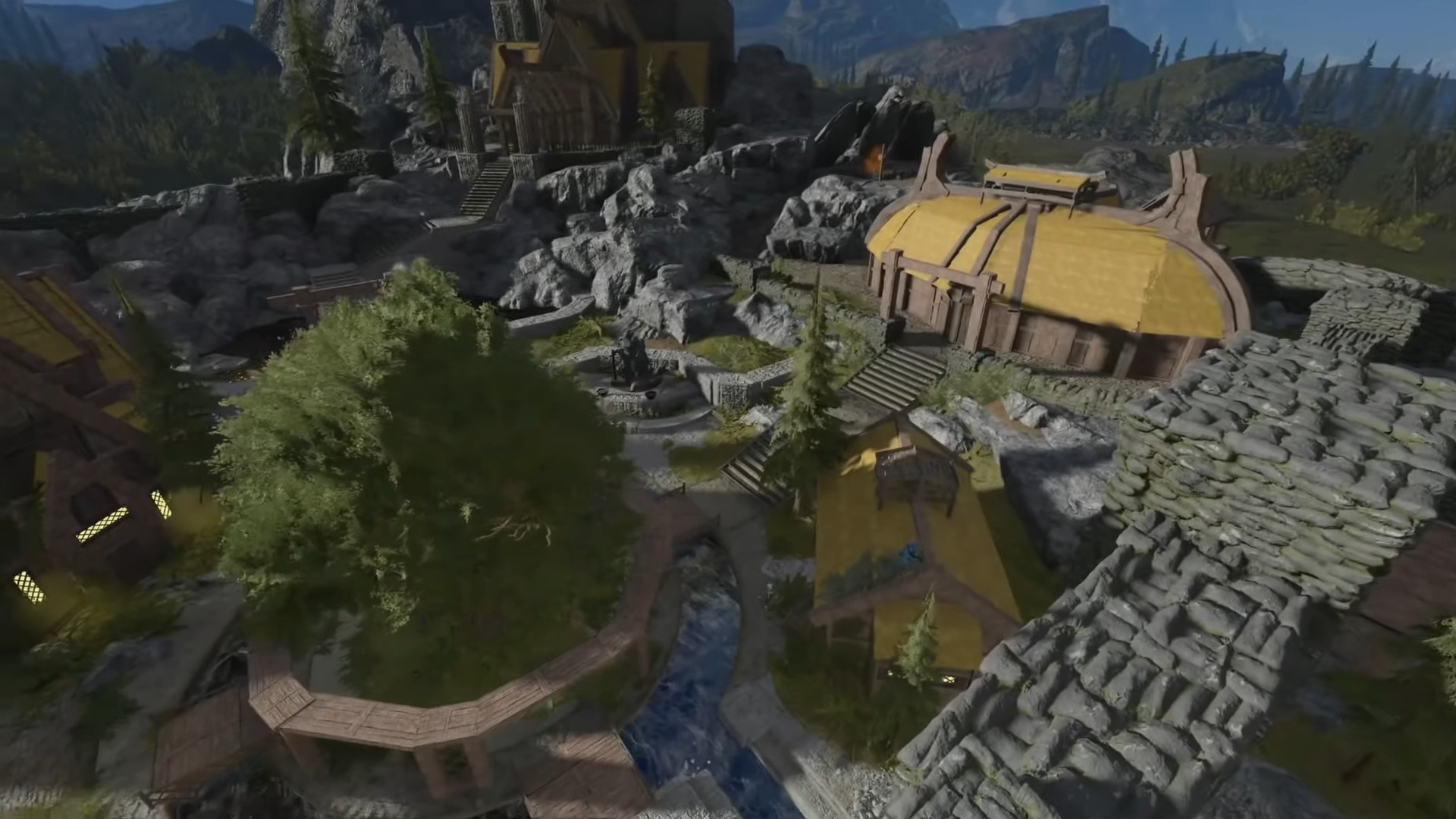 An image of Ethan Hibbs' Whiterun map for Halo Infinite, showing the town from the air.