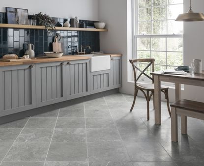 natural stone flooring Mona grey honed limestone flooring in a kitchen