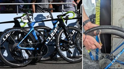 Left, the Intermarché-Wanty bikes, right, with the extended head inserted into the rim to pump the tire up