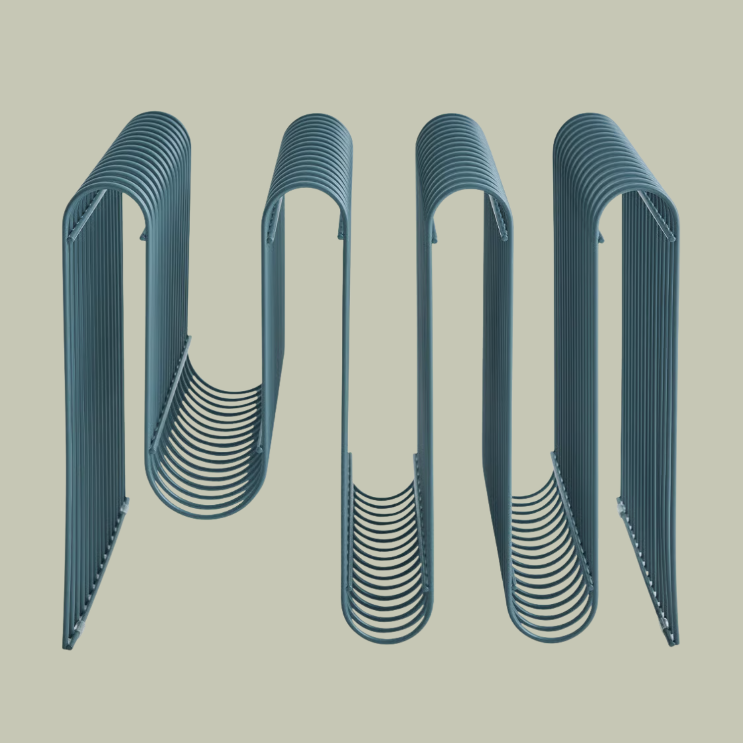 A blue curved magazine rack