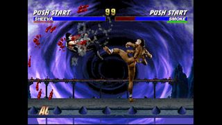 Blood flying out of a fighter as they're kicked across the screen in Mortal Kombat.