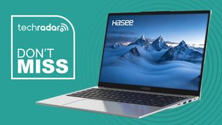 The Hasee X5 laptop on a green background next to a TechRadar badge that reads 'Don't Miss'