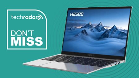 The Hasee X5 laptop on a green background next to a TechRadar badge that reads 'Don't Miss'