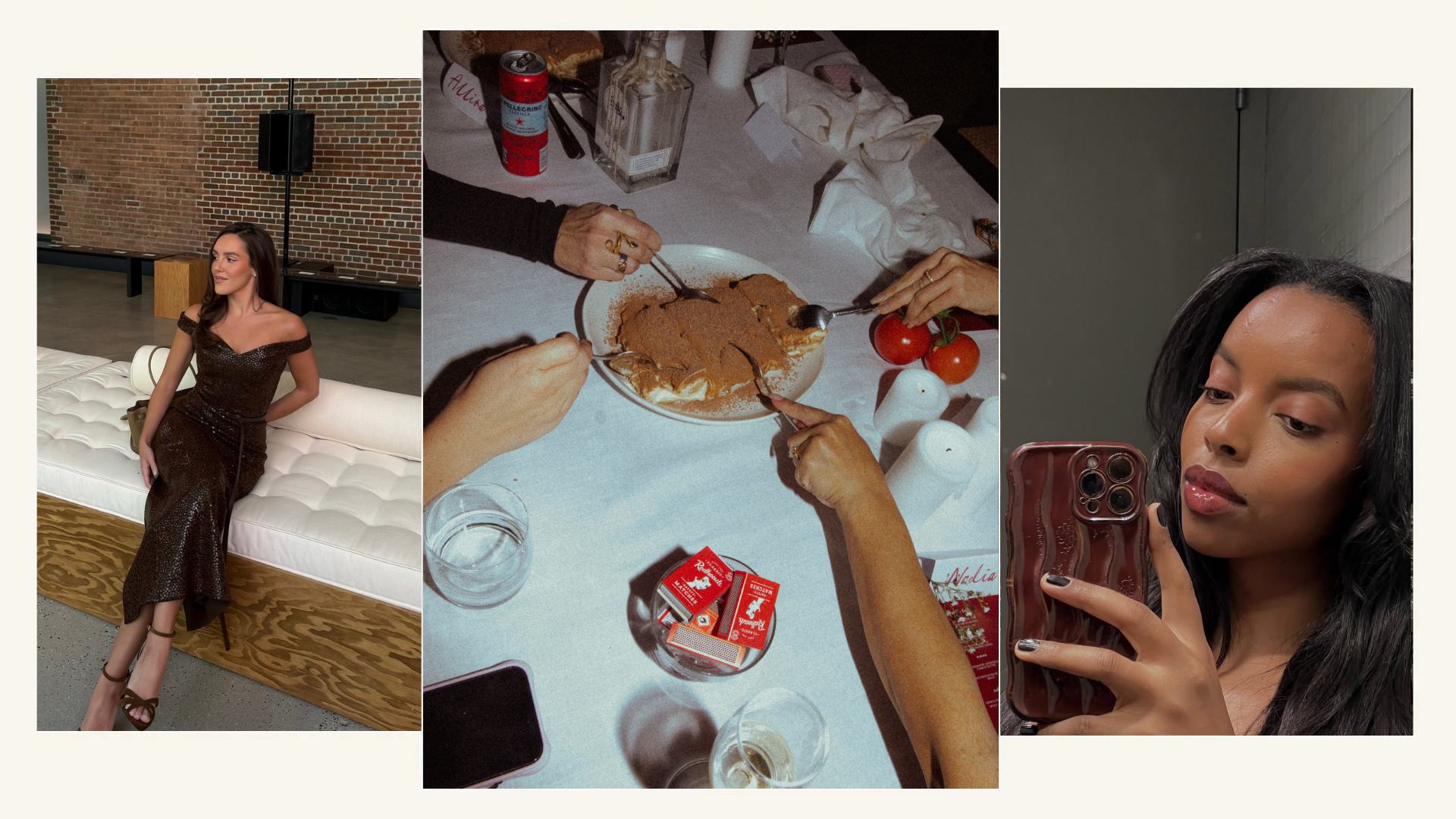Photo collage of Emma Leger at a runway show, Aysha Sow taking a mirror selfie, and four people sharing dessert
