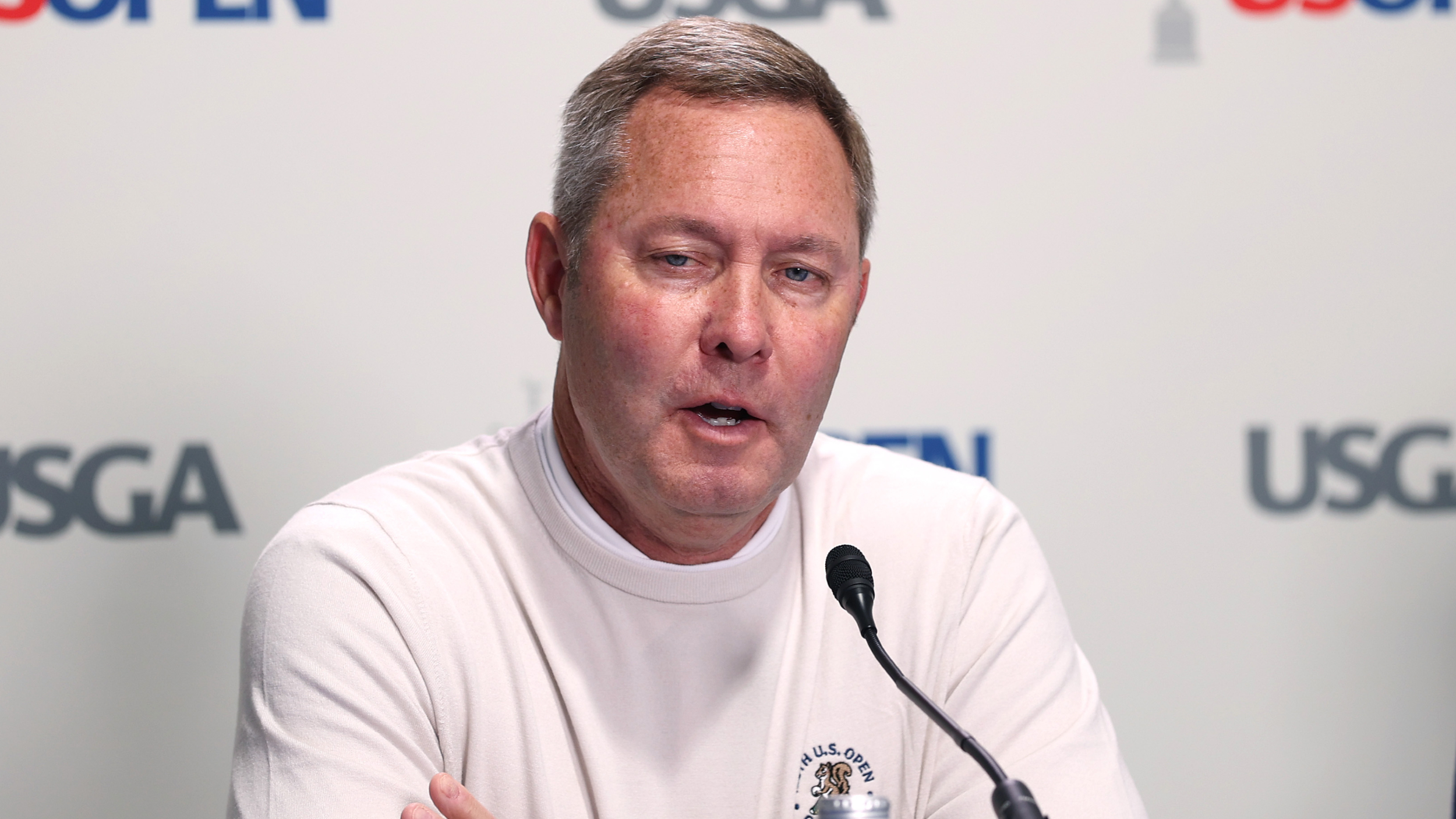 Mike Whan speaks to the press before the US Open