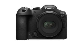 Canon RF-S 7.8mm f/4 STM Dual against a white background