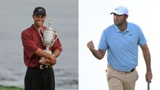 Tiger Woods holding the 2000 US Open trophy (left) and Scottie Scheffler giving a fist pump in 2024