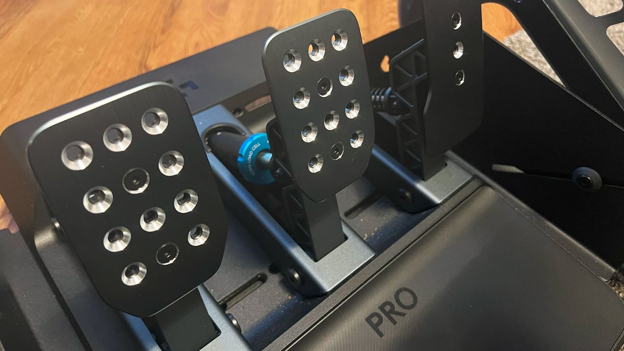 Logitech G Pro Racing Wheel's three pedal setup from the side