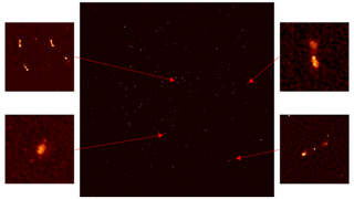 The four insets show zoomed in sections of the MeerKAT first light image. The two panels to the right show distant galaxies with massive black holes at their centers.