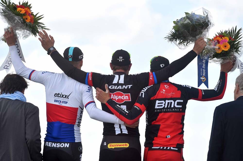 The Paris-Roubaix podium from behind