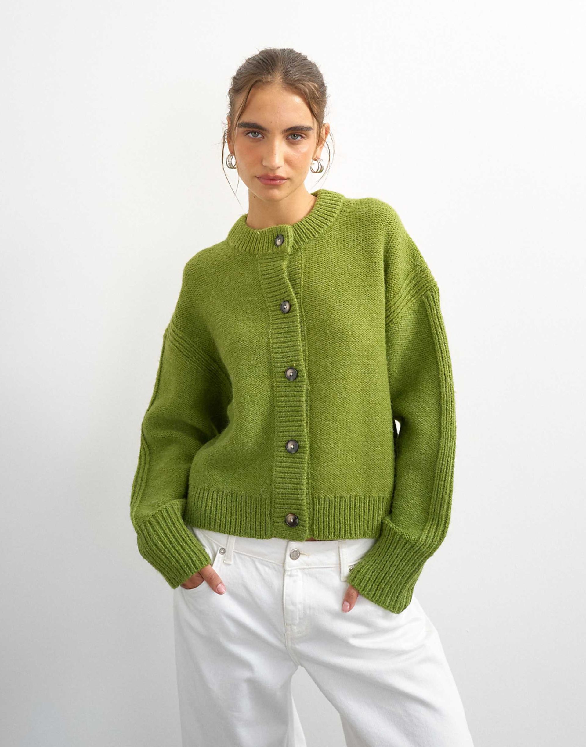 Topshop Knitted Boxy Deep Rib Cardigan in Green