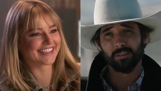 From left to right: Hassie Harrison smiling in a Yellowstone BTS video and Ryan Bingham as Walker talking to Rip in Yellowstone.