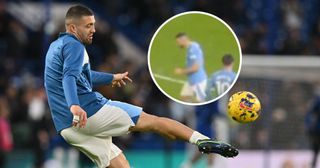 Manchester City midfielder #08 Mateo Kovacic warms up ahead of the English Premier League football match between Chelsea and Manchester City at Stamford Bridge in London on November 12, 2023.