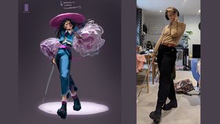 video game concept art tutorial; a game character and a photo of a woman as reference