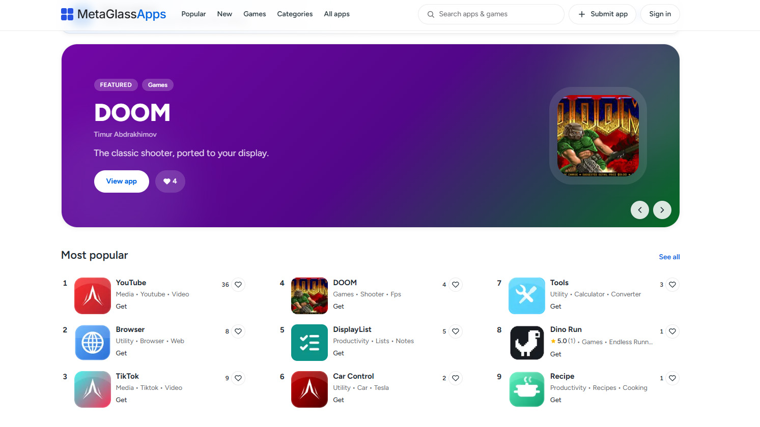 A screenshot of the Meta Glasses Apps website