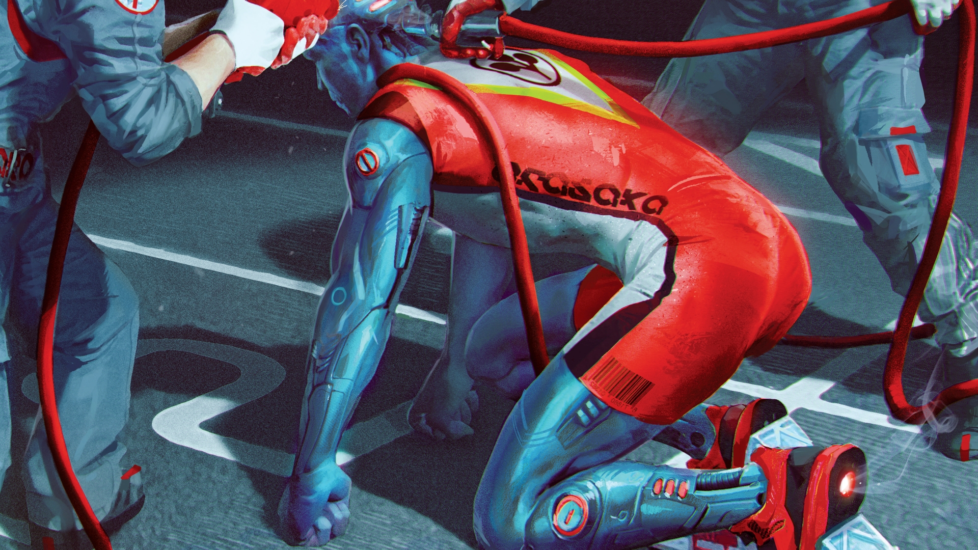 An ad for Arasaka showing a cybernetic runner preparing for a race