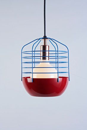 Red hanging ceiling light with blue cage