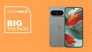 Google Pixel 9 Pro on orange background with big savings text overlay