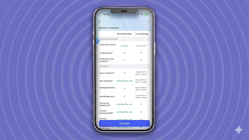 Screen grab of Aqara Home mobile app on iPhone screen showing subscription service comparison