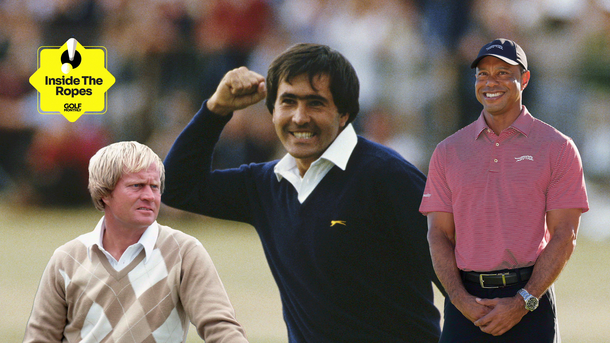(L to R) Jack Nicklaus, Seve Ballesteros and Tiger Woods with the Inside The Ropes sticker in the top left