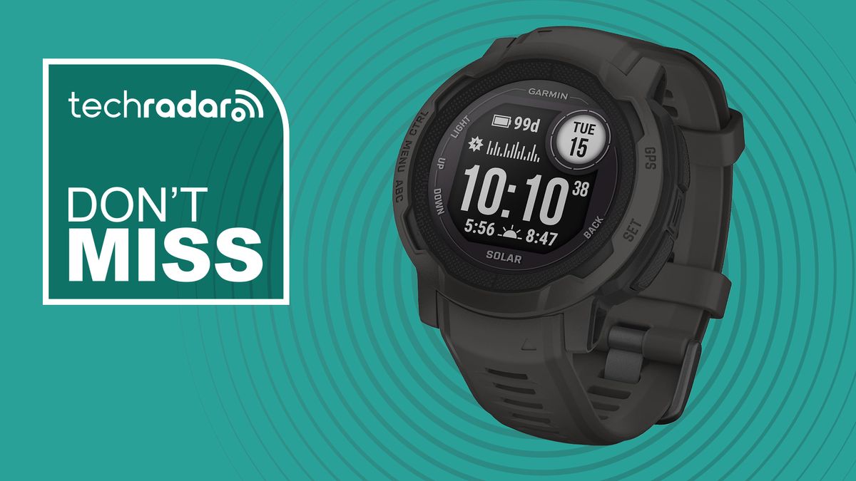 Garmin Instinct 2 Solar watch on teal background with text reading &quot;TechRadar don&#039;t miss&quot;