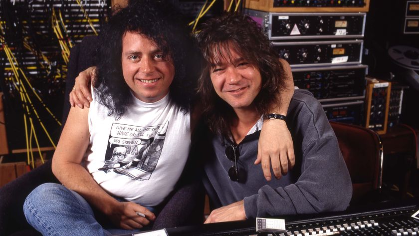 Photo of Eddie VAN HALEN and Steve LUKATHER and Eddie VAN HALEN; L-R. Steve Lukather, Eddie Van Halen 