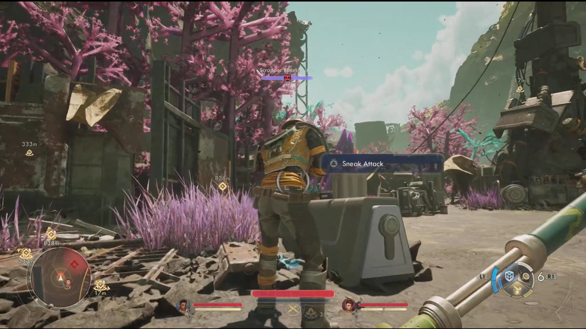The Outer Worlds 2 screenshot showing the player character sneaking up behind an enemy to perform a stealth attack