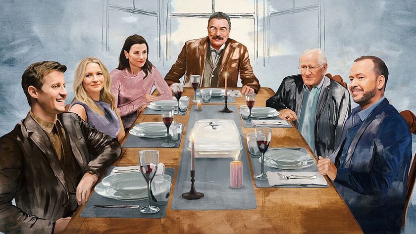 Reagan family sitting around dinner in illustrated banner for Blue Bloods final season