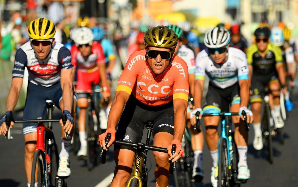 CCC Team’s Greg Van Avermaet leads home the chase group for fourth place on stage 2 of the 2020 Tour de France