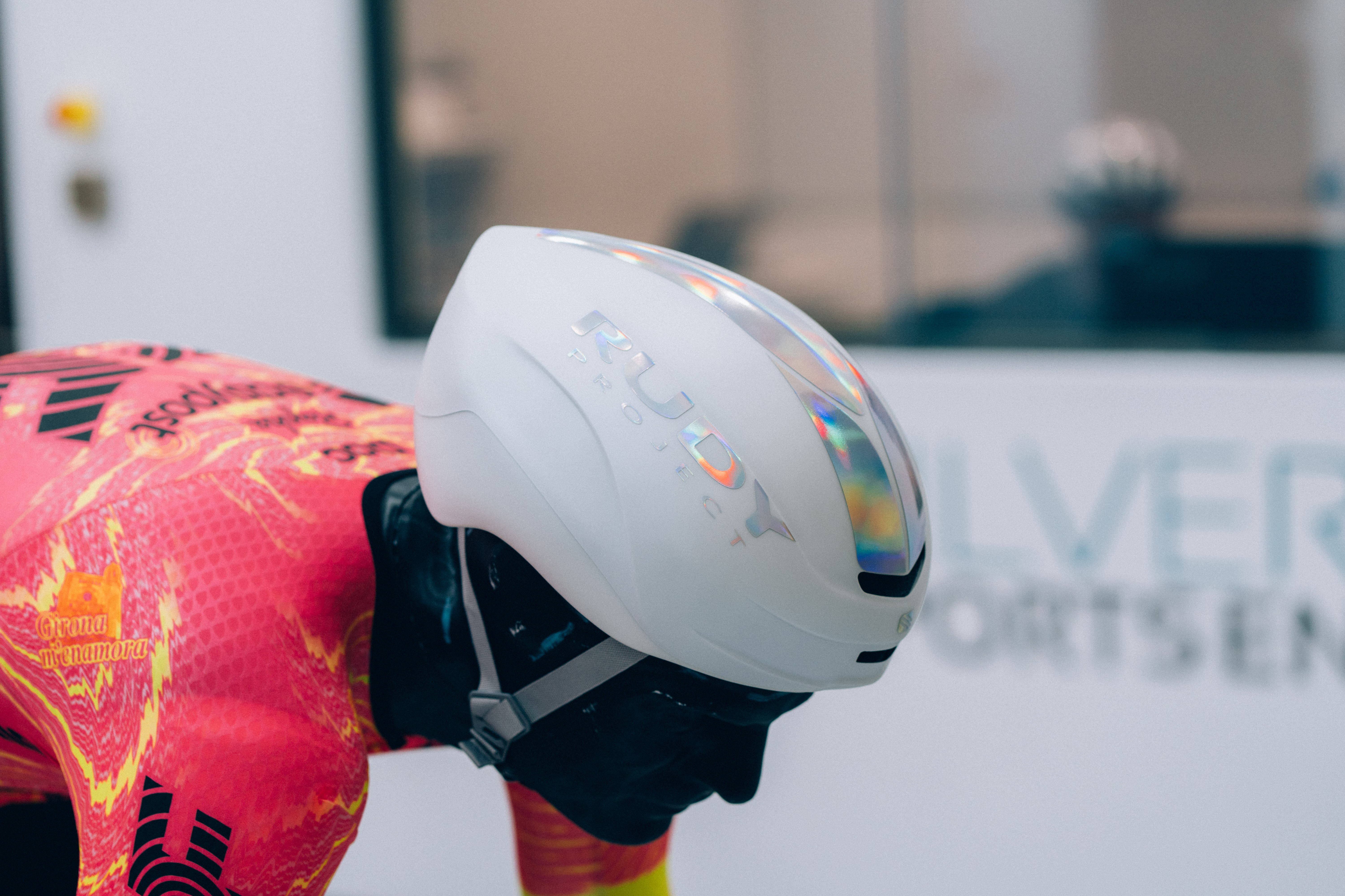 A close up of helmets being tested in the wind tunnel