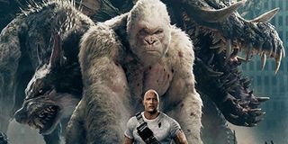 Rampage Dwayne Johnson with Ralph George and Lizzie towering over him