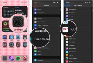 How to hide apps from iOS search on iPhone by showing: Launch Settings, tap Siri & Search, tap the app you want to hide