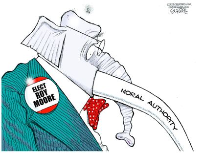 Political cartoon U.S. GOP moral authority Roy Moore