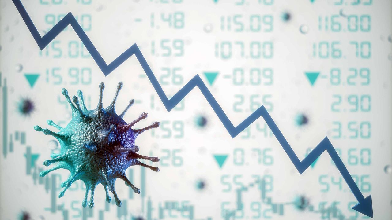 covid virus and stock chart going down