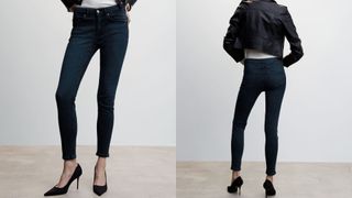 composite of model wearing Mango Skinny Push-Up Jeans in deep dark blue
