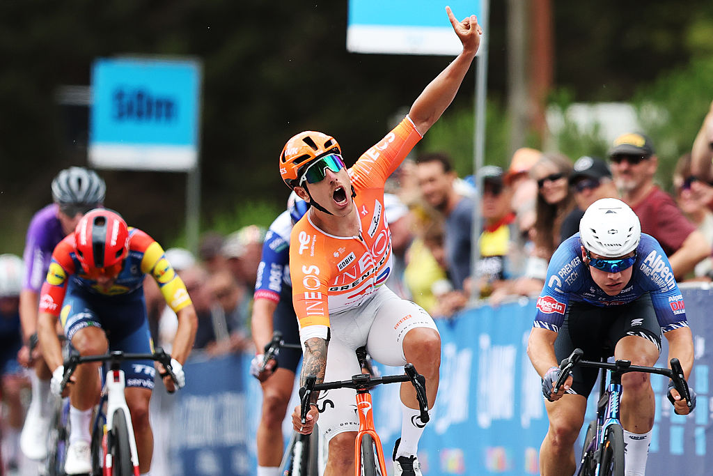 GEELONG, AUSTRALIA - JANUARY 29: (L-R) Sam Welsford of Australia and Team INEOS Grenadiers celebrates at finish line as race winner ahead of Jensen Plowright of Australia and Team Alpecin-Premier Tech during the Cadel's Criterium 2026, Men's Elite a 50km one day race from Geelong to Geelong on January 29, 2026 in Geelong, Australia. (Photo by Con Chronis/Getty Images)