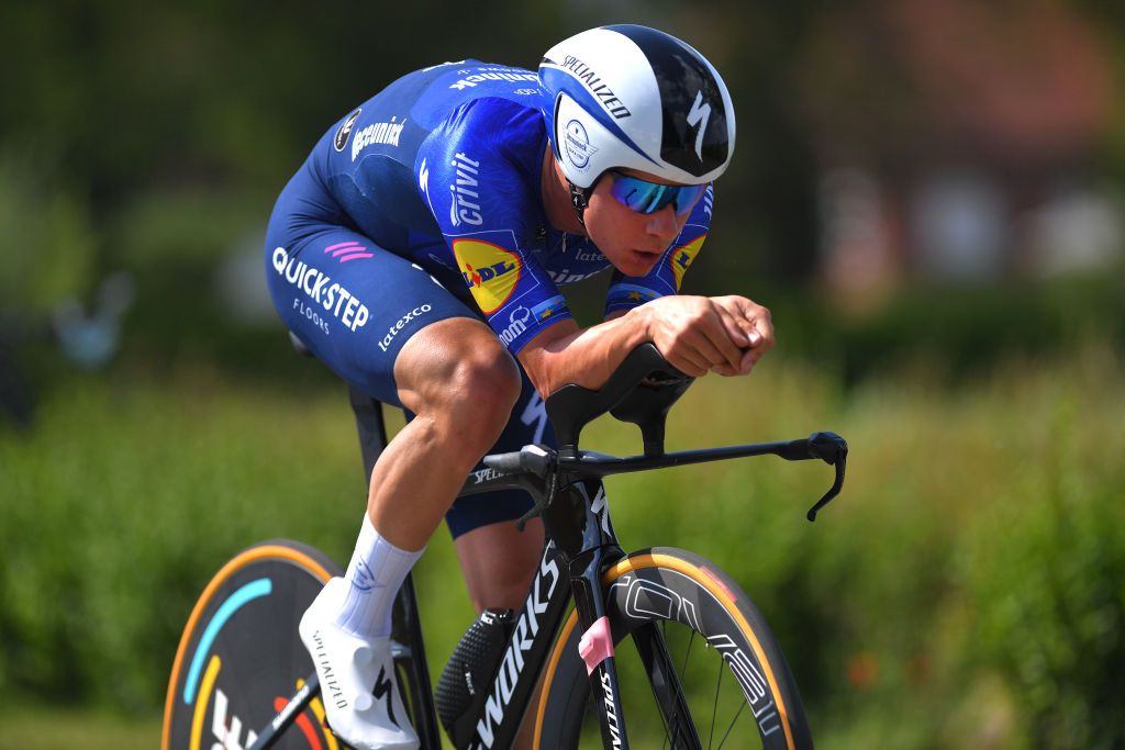 INGELMUNSTER BELGIUM JUNE 16 Remco Evenepoel of Belgium during the 122th Belgian Road Championship 2021 Mens Individual Time Trial a 376km race from Ingelmunster to Ingelmunster ITT bkingelmunster belgiancycling on June 16 2021 in Ingelmunster Belgium Photo by Luc ClaessenGetty Images