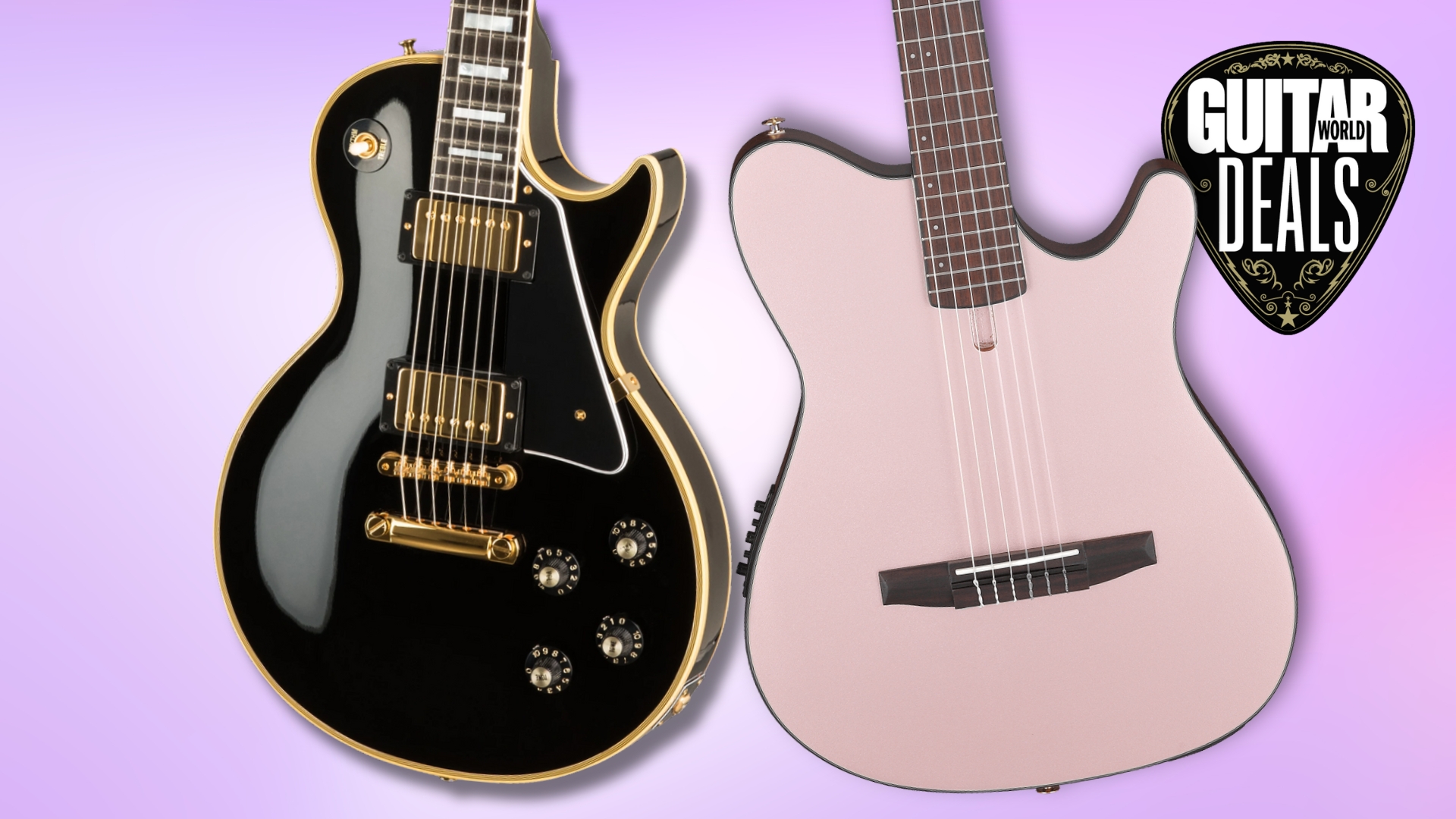 A Gibson Les Paul and Ibanez nylon string electro-acoustic on a purple background