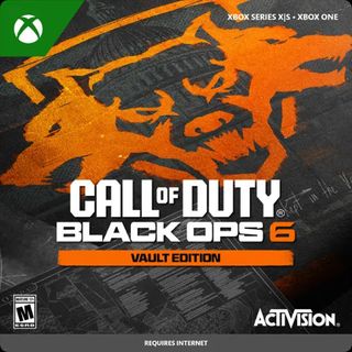 Product art for Call of Duty: Black Ops 6 Vault Edition featuring the Xbox and Activision Logos, as well as text in the upper right corner that says the digital code is for Xbox Series X|S and Xbox One. There is also a gray box at the bottom that states an internet connection is required.