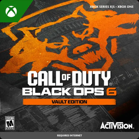 Product art for Call of Duty: Black Ops 6 Vault Edition featuring the Xbox and Activision Logos, as well as text in the upper right corner that says the digital code is for Xbox Series X|S and Xbox One. There is also a gray box at the bottom that states an internet connection is required.