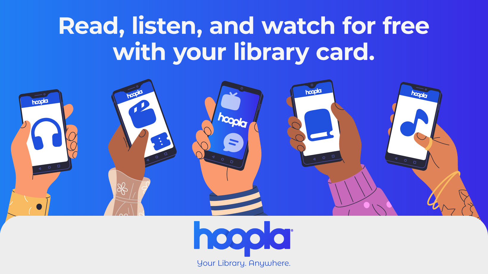 A graphic of several hands holding up phones with the Hoopla app open