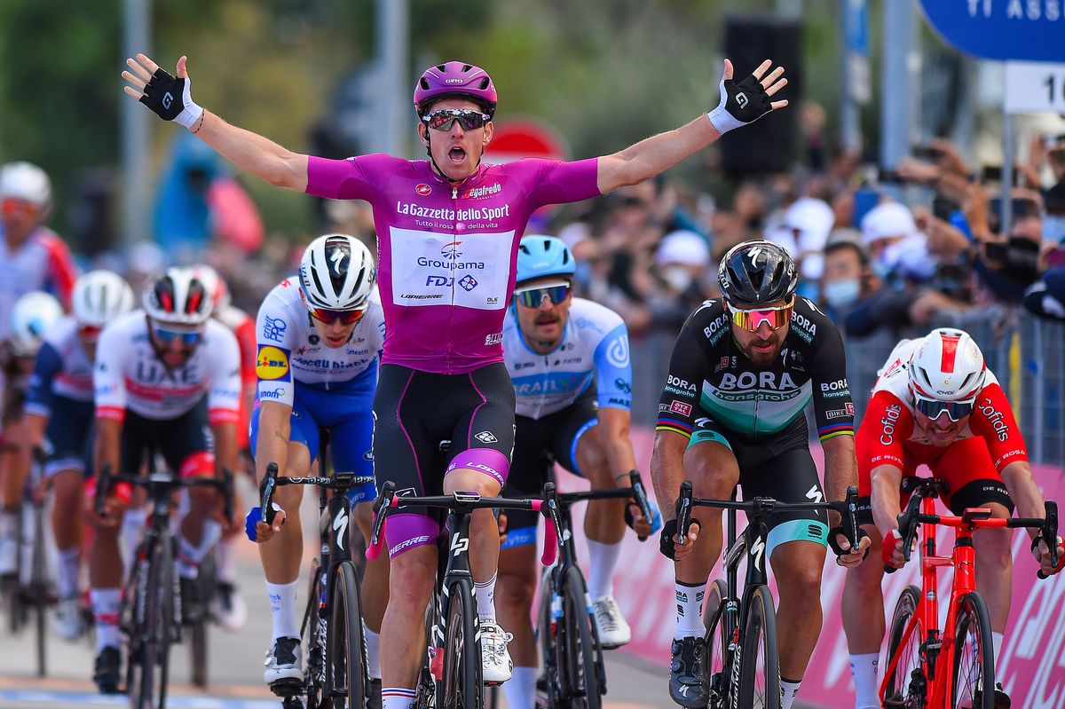 Giro dItalia 2020 103th Edition 11th stage Porto SantElpidio Rimini 182km 14102020 Arnaud Demare FRA Groupama FDJ Peter Sagan SVK Bora Hansgrohe photo Dario BelingheriBettiniPhoto2020