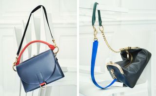 Two images of handbags. Left, blue leather bag, with gold links and red and black straps. Right, a black leather bag with gold trim and a blue strap.