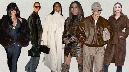 a collage of celebrity street style images featuring the top coat trends of winter 2024