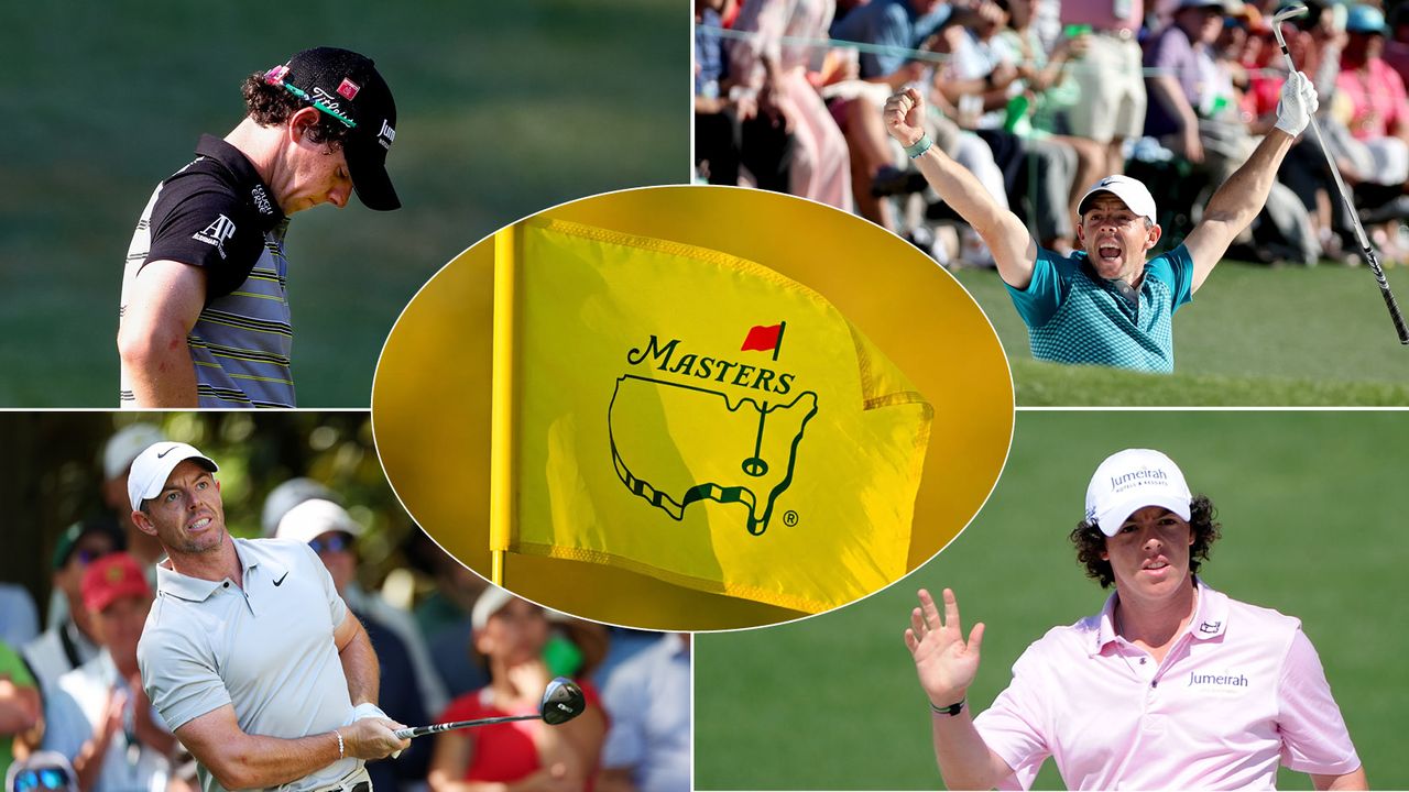 Four pictures of Rory McIlroy at The Masters through the years and a Masters flag in the centre